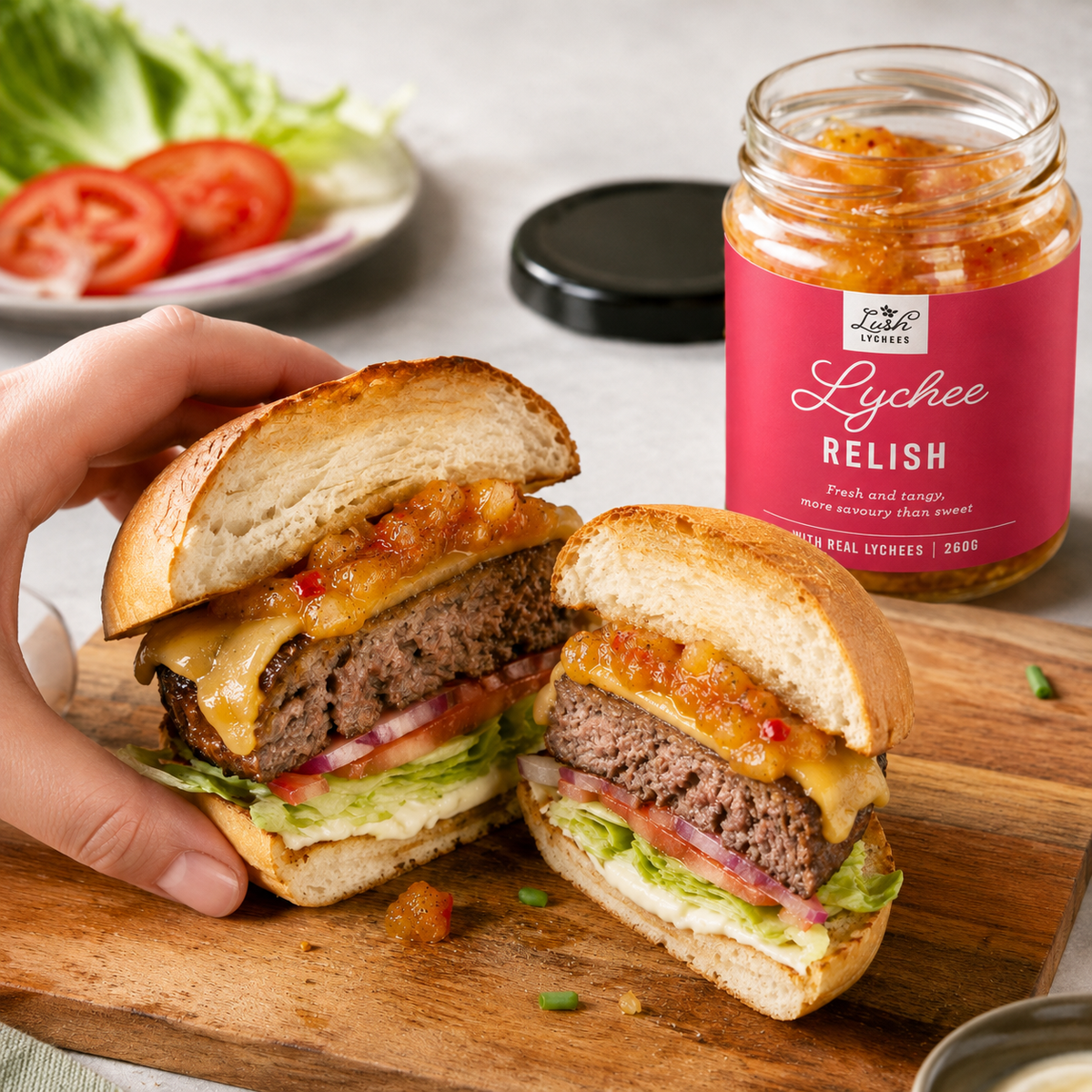 Beef Burgers with Lychee Relish