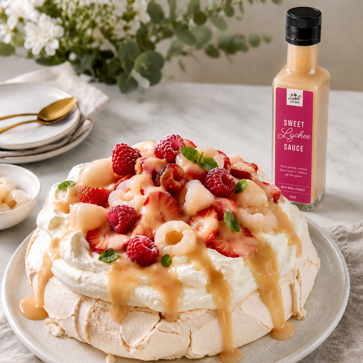 Christmas Pavlova with Lychee Coulis