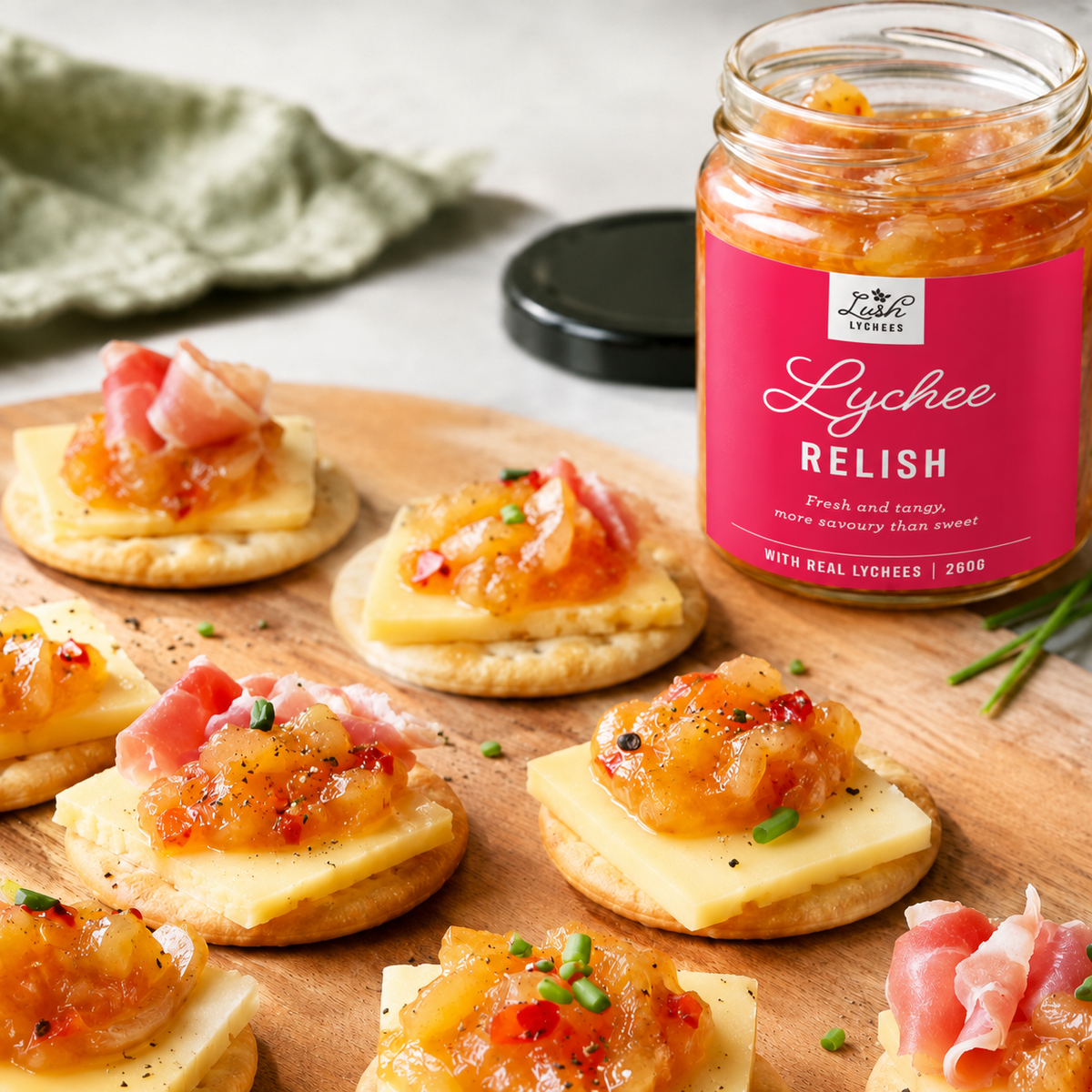 Jatz with Cheese and Lychee Relish