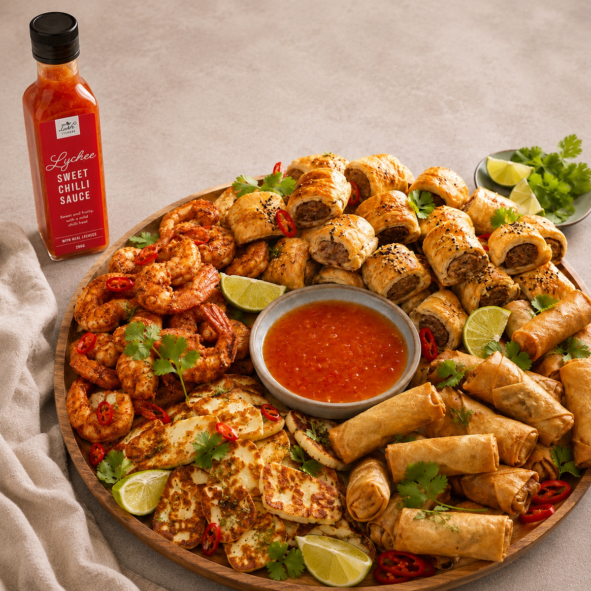 Party Food Platter with Lychee Sweet Chilli Sauce