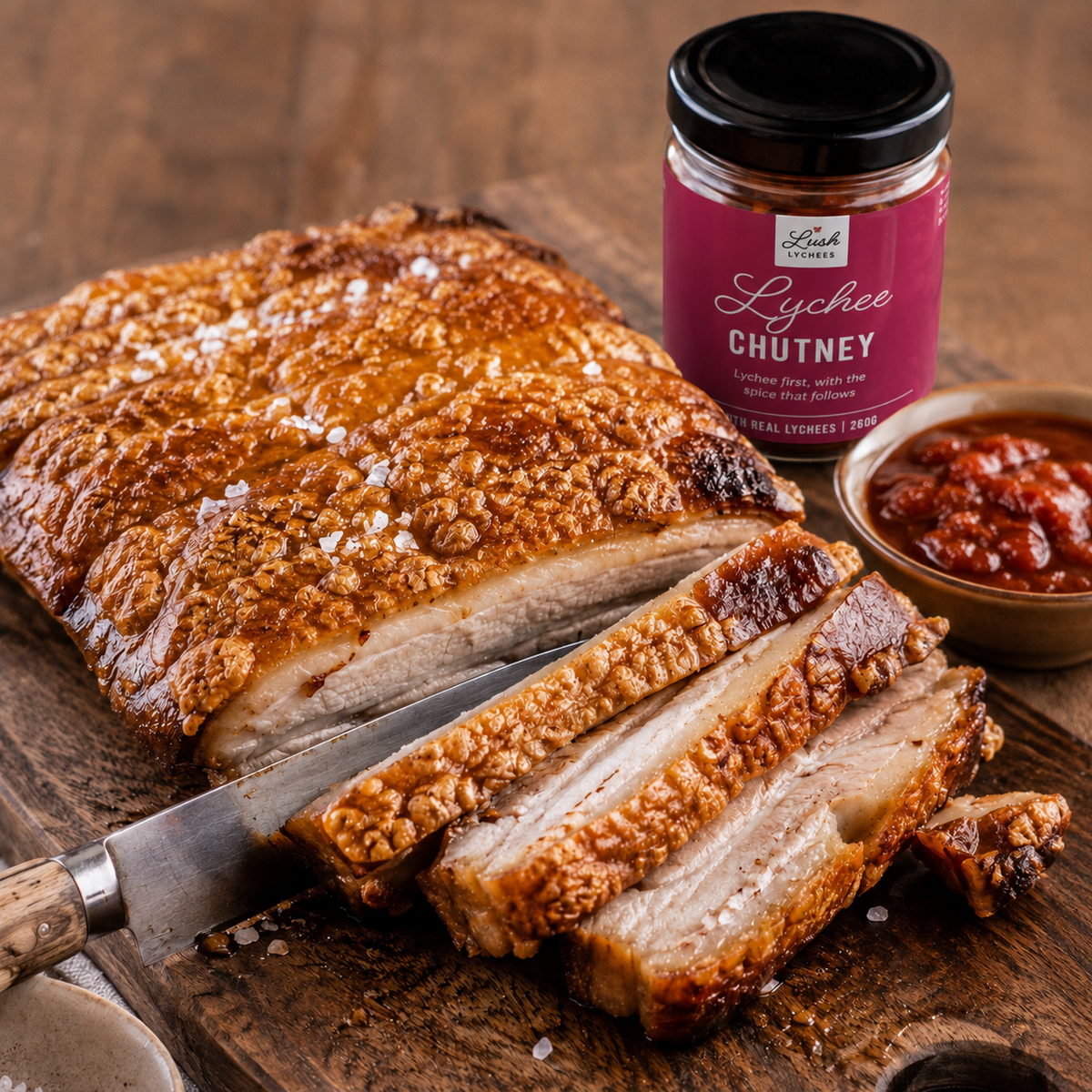 Slow-Roast Pork Belly with Lychee Chutney