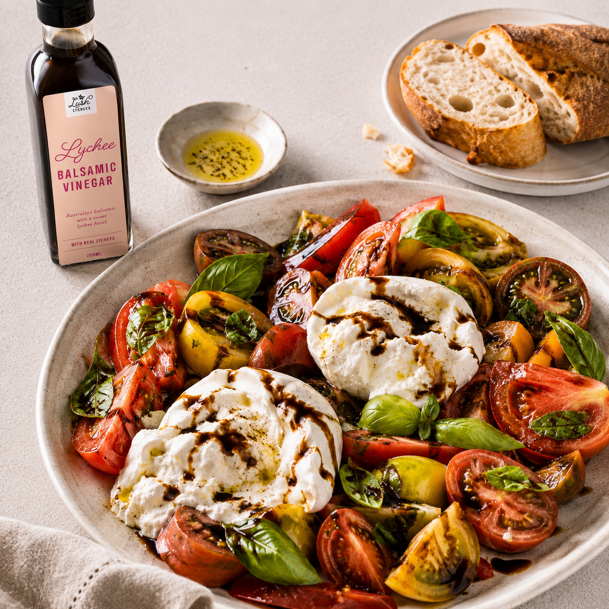 Tomato and Burrata Salad with Lychee Balsamic