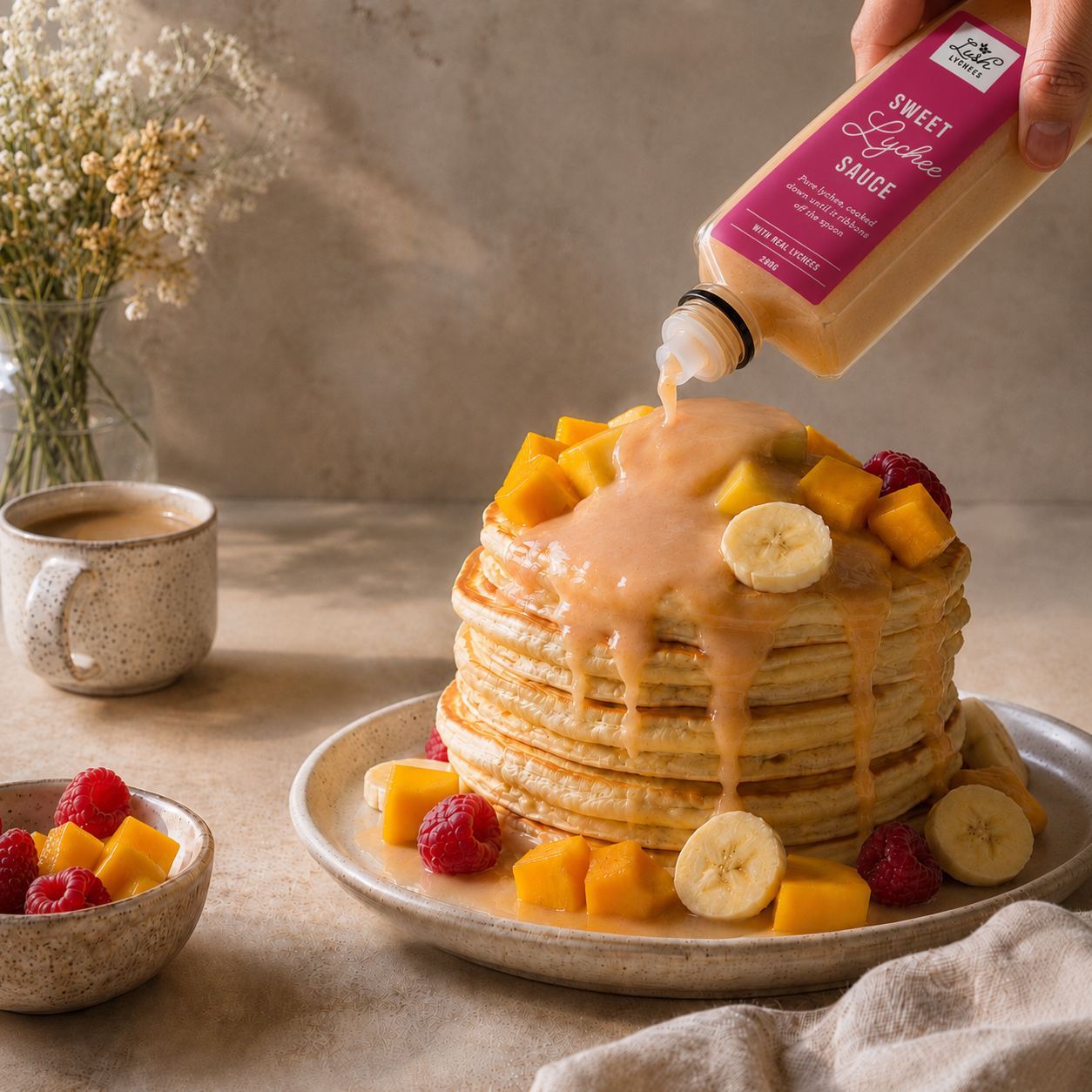 Weekend Pancakes with Lychee Coulis